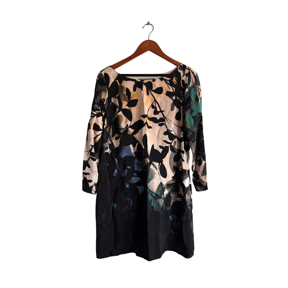 Maeve Botanica Leaf‎ Print Boat Neck 3/4 Sleeve Dress Black Multi Size Small